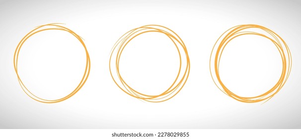 Orange circle line hand drawn set. Highlight hand drawing circle isolated on background. Round handwritten circle. For marking text, note, mark icon, number, marker pen, pencil and text check, vector