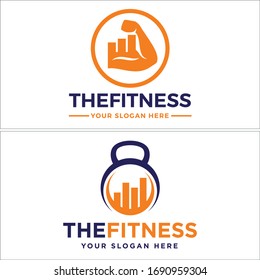 Orange circle shape cart hand muscle strong arm and dumbbell symbol icon logo suitable for business financial fitness gym agency consulting