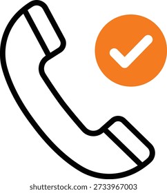 Orange circle with white checkmark next to black outline of telephone receiver call communication