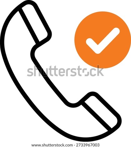 Orange circle with white checkmark next to black outline of telephone receiver call communication