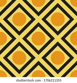 Orange circles and black squares pattern on yellow seamless background.