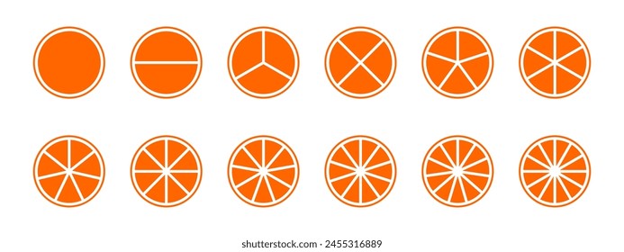 Orangefarbene Kreise, unterteilt in Fraktionen von 1 bis 12, isoliert auf weißem Hintergrund. Runde, zu gleichen Teilen geschnittene Formen. Einfache Kreisdiagramme, statistische Räder, Geschäftsdiagramme. Vektorgrafik flache Abbildung.