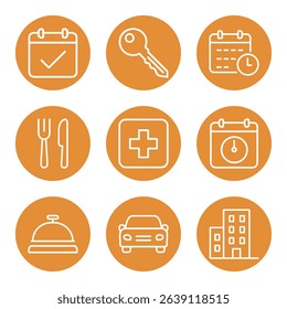 Orange circles with helpful travel icons. Icon symbol illustration
