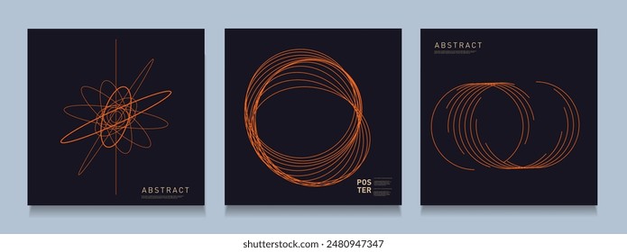 Orange Circles on a Black Background. Trendy 3D Set of Round Lines in 80s-90s Style for Promos, Banners, Posters, Social Media, Cards, and Covers. Abstract Chaotic Graphic Circles Vector Illustration.