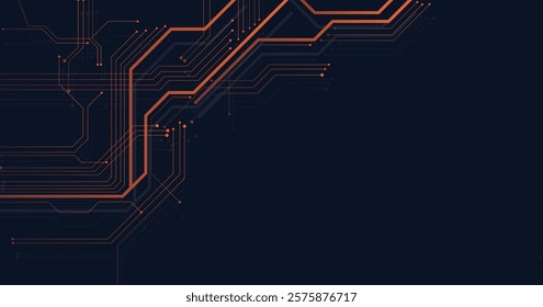 Orange circuit diagram on dark blue background. digital circuit board technology background for internet connectivity concept.	