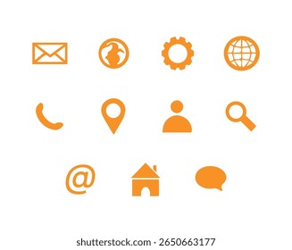 Conjunto de iconos web circulares anaranjados: correo electrónico, Locación, hogar, Configuraciones, Búsqueda o más iconos, archivo de Vector