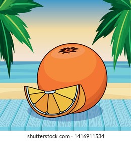 Orange citric fruit half cut on beach scenery background vector illustration graphic design