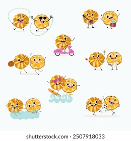 Orange Citrus, aurantium, Corrugato, funny characters fruits. Citrus aurantium Corrugato or bitter orange or bitter mandarin, pomeranian fruit. Hand drawn vector illustration.