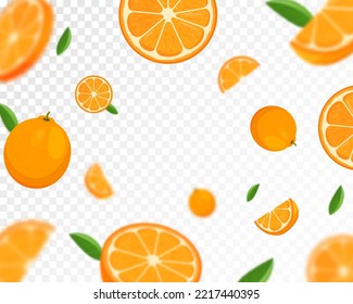 Orange citrus background. Flying orange with green leaf on transparent background. Orange falling from different angles. Focused and blurry objects. Flat cartoon vector.