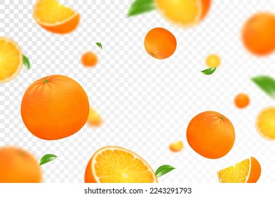 Orange citrus background. Flying orange with green leaf on transparent background. Orange falling from different angles. Focused and blurry objects. Realistic 3d vector illustration