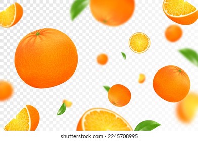 Orange citrus background. Flying orange with green leaf on transparent background. Orange falling from different angles. Focused and blurry objects. Realistic 3d vector illustration