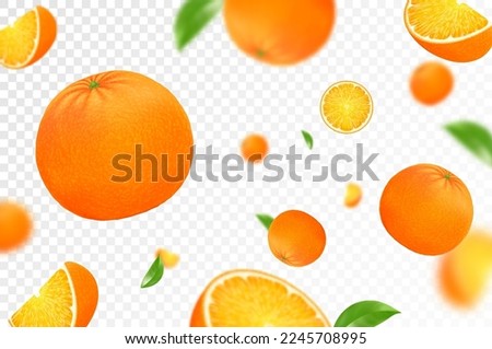 Orange citrus background. Flying orange with green leaf on transparent background. Orange falling from different angles. Focused and blurry objects. Realistic 3d vector illustration