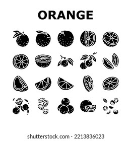 orangefarbene Zitrusfrüchte, frische Slice Saft Symbole setzen Vektorgrafik. Süßnahrung, Blattsaft, organische Hälfte, grün, geschnittenes Vitamin, gesunde tropische, reife orangefarbene Zitrusfrüchte frische Slice Saft Glyph-Piktogramm Illustrationen