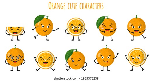 Orange citrus fruit cute funny cheerful characters with different poses and emotions. Natural vitamin antioxidant detox food collection. Vector cartoon isolated illustration. Children concept.