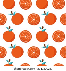 Orange citrus fruit fresh seamless pattern template. Flat colorful fabric print. Mandarin juicy food isolated on white background. Orange slice wrapping paper.