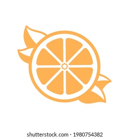 Orange citrus fruit half slice with leaves silhouette. Simple flat icon logo clip art vector design