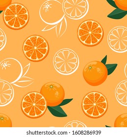 Orange citrus fruit seamless pattern. Whole oranges with green leaves and slices. Color vector illustration in cartoon flat style and white outline.