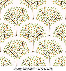 Orange citrus fruit tree with leaves. Hand drawn seamless vector pattern illustration. Organic garden grove with juicy oranges hanging on branch. Healthy vitamin food background. 