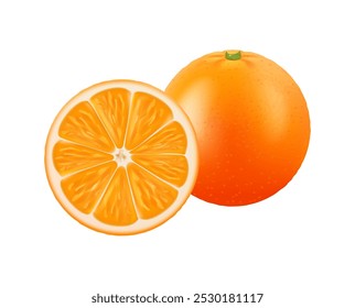 Naranja cítrica entera y medio aislada realista fruta de verano 3D Ilustración vectorial. Mandarina madura con vitamina C, jugo o bebida energética, alimentación saludable, sabroso refrigerio vegetariano