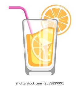 Orange citrus juice in a glass with an orange slice on ice and a drinking straw. Vector illustration.