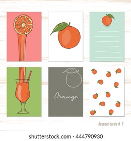 Orange, citrus juice. Vector design templates for journal cards, scrapbooking cards, greeting cards, gift cards, patterns, blogging. 