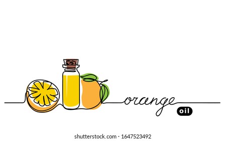 Orange, citrus oil in bottle. Simple vector banner. One continuous line drawing, background, illustration with lettering orange.