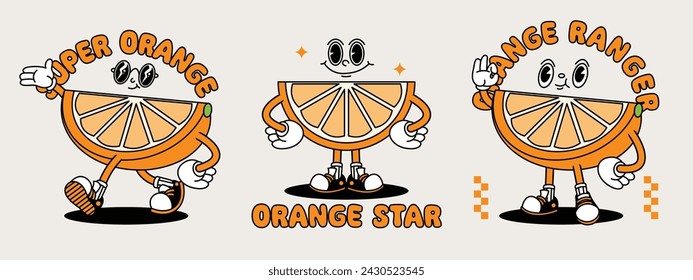 Orange, citrus, retro mascot with hand and foot. Retro cartoon stickers with funny comic characters and gloved hands.