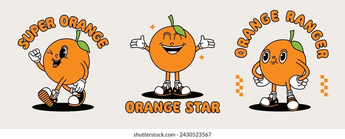 Orange, citrus, retro mascot with hand and foot. Retro cartoon stickers with funny comic characters and gloved hands.