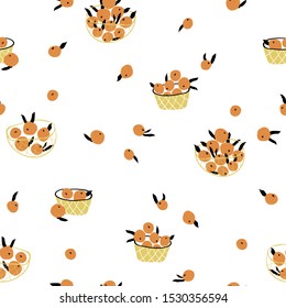 Orange citrus scandinavian pattern. Fruit in a basket and net. Vector seamless pattern in simple hand-drawn style. Ideal for printing textiles, etc