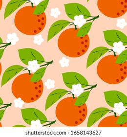 Naranja, cítrico sin fisuras. Fondo de frutas tropicales para menús, ropa de bebé, textiles, embalaje. naranjas maduras, mandarinas, melocotones en una rama con hojas