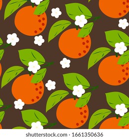 Orange, citrus seamless pattern. Tropical fruit background for menus, baby clothes, textiles, packaging. Ripe oranges, tangerines, peaches on a branch with leaves