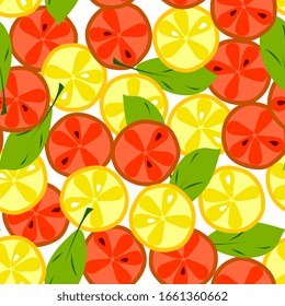 Orange, citrus seamless pattern. Tropical fruit background slices of lemon and orange for menus, baby clothes, textiles, packaging. Ripe oranges, tangerines, peaches on a branch with leaves