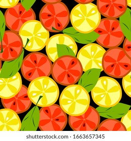 Orange, citrus seamless pattern. Tropical fruit background for menus, baby clothes, textiles, packaging. Ripe oranges, tangerines, peaches on a branch with leaves