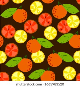 Orange, citrus seamless pattern. Tropical fruit background for menus, baby clothes, textiles, packaging. Ripe oranges, tangerines, peaches on a branch with leaves