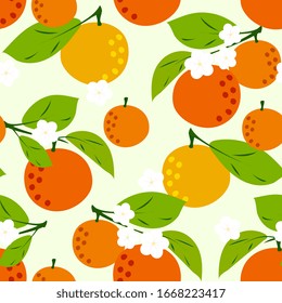 Naranja, cítrico sin fisuras. Fondo de frutas tropicales para menús, ropa de bebé, textiles, embalaje. naranjas maduras, mandarinas, melocotones en una rama con hojas