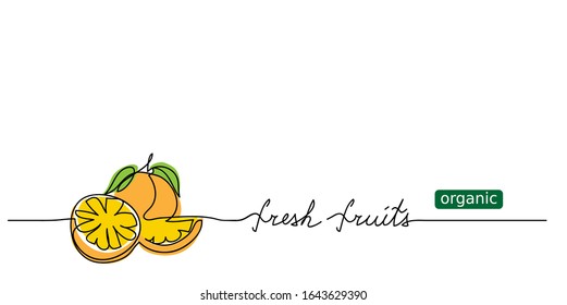 Orange, Citrus Sketch. Organic Fresh Fruits Lettering. Vector Design For Web Banner, Background, Juice Label Design. One Continuous Line Drawing, Vector Illustration. 