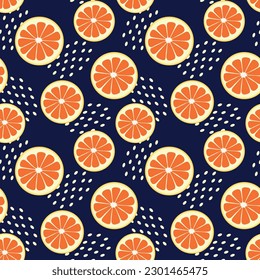 El corte de cítricos anaranjados presenta un patrón irregular sin soldadura en el fondo oscuro. Moderno diseño de verano fresco. Ilustración vectorial.