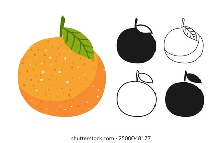 Orange citrus symbol cartoon set. Juicy whole orange tangerine linear doodle icon. Abstract hand drawn logo citrus fruit. Sign graphic stylized silhouette shape. Vector simple graphic illustration