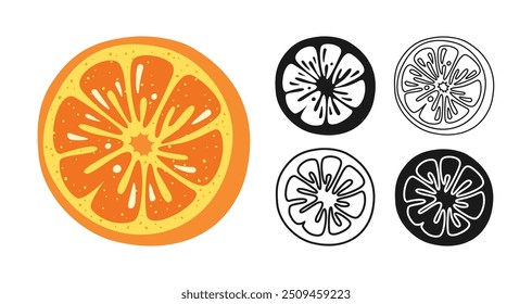 Conjunto de dibujos animados de símbolo de cítricos naranjas. Icono de doodle lineal de mandarina medio naranja. Abstractas logotipo infantil dibujado a mano fruta cítrica. Firme la forma de la silueta estilizada gráfica. Vector ilustración gráfica simple