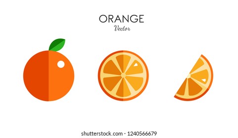 Orange citrus vector  icons . Modern Flat style design. Set with whole fruit and a half with leaves. 