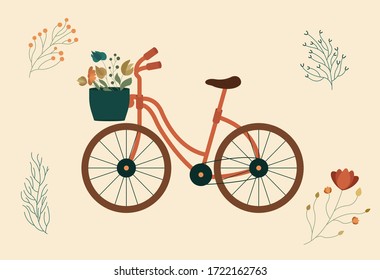 Orange city bicycle with a flower basket in front. Vector illustration.