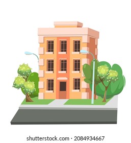 Orange city building. Among the trees. Cartoon fun flat style. Isolated on white background. Residential building with windows. Asphalt road. Vector