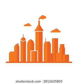 Orange city skyline with smokestack and buildings under cloudy sky, urban landscape