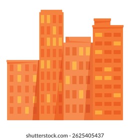 Orange cityscape with many buildings having illuminated windows at sunset time