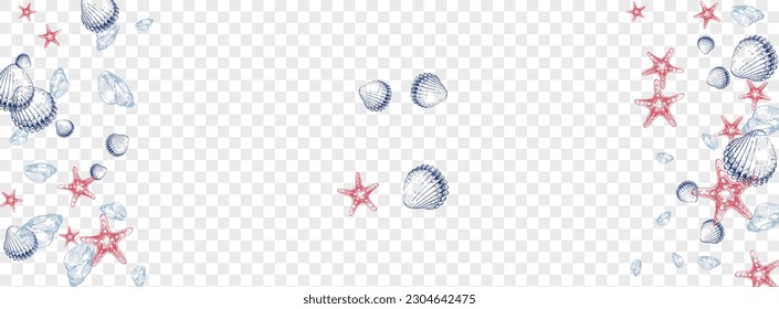 Orange Clam Background Transparent Vector. Oyster Vintage Graphic. Seamless Illustration. Blue Seashell Coastal Design. Red Snail.