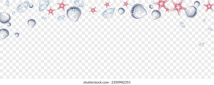 Orange Clam Background Transparent Vector. Shell Seamless Textile Card. Collection Graphic. Red Starfish Drawing Set. Blue Snail.