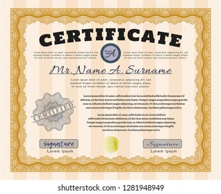 Orange Classic Certificate template. Complex background. Elegant design. Detailed. 