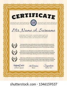 Orange Classic Certificate template. With complex linear background. Money style design. Customizable, Easy to edit and change colors. 