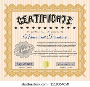 Orange Classic Certificate template. Cordial design. With guilloche pattern and background. Vector illustration. 