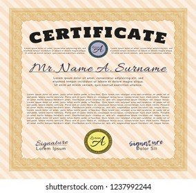 Orange Classic Certificate template. Cordial design. With background. Vector illustration. 